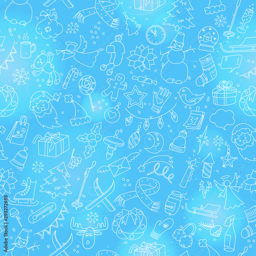Seamless pattern on the theme of New year and Christmas, simple hand-drawn white contour icons on a blue background Seamless pattern on the theme of New year and Christmas, simple hand-drawn white contour icons on a blue background