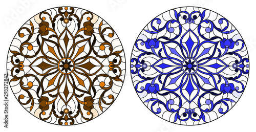Set of illustrations in stained glass style with round floral arrangements, blue and brown