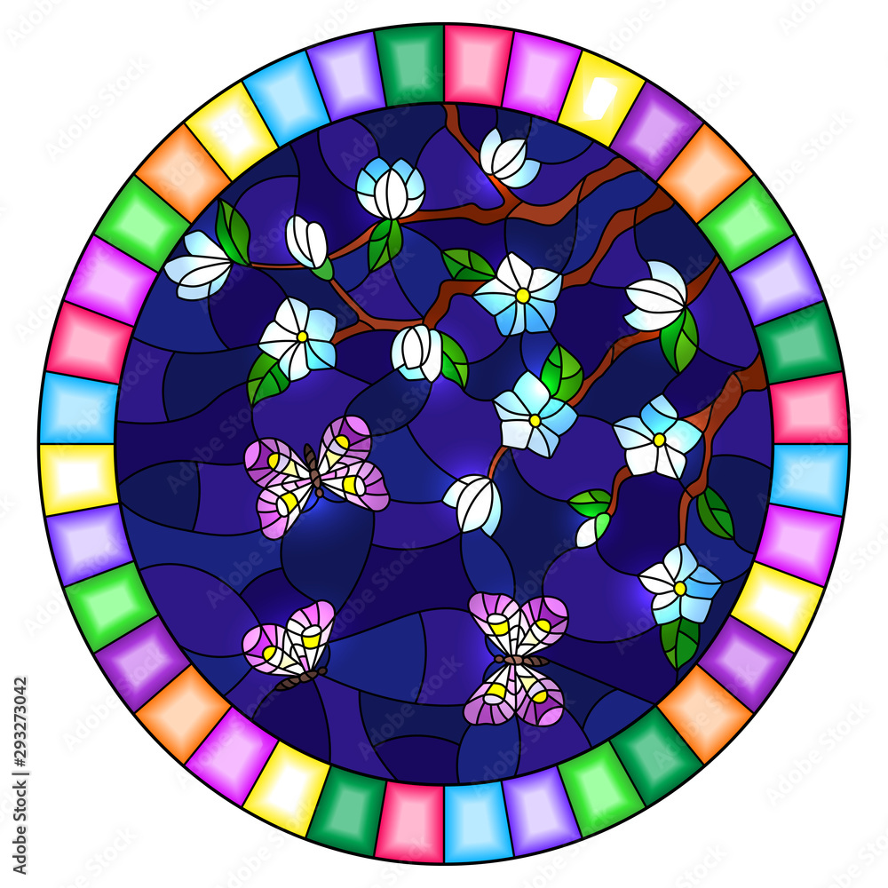 Illustration in stained glass style with cherry blossom tree and bright butterflies on blue night sky background, oval image in bright frame 