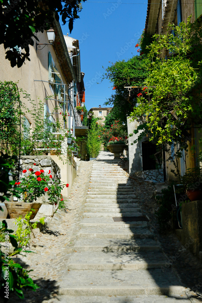 Fototapeta premium street and stairs of mediterranean village with stone wall