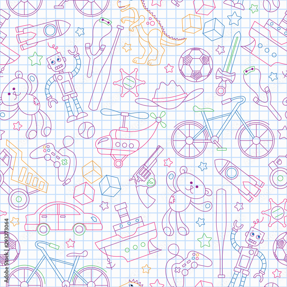 Seamless pattern on the theme of childhood and toys, toys for boys, colored outlines icons on contour  icons on the clean writing-book sheet in a cage