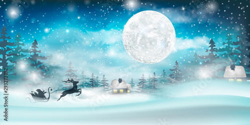 Winter blue sky with falling snow, snowflakes with a winter landscape with a full moon. 