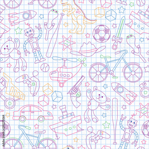 Seamless pattern on the theme of childhood and toys, toys for boys, colored outlines icons on contour icons on the clean writing-book sheet in a cage