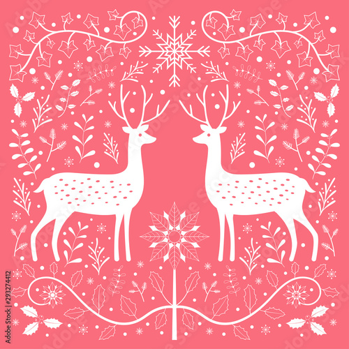 Deers and flora Christmas mas theme folk pattern vector background