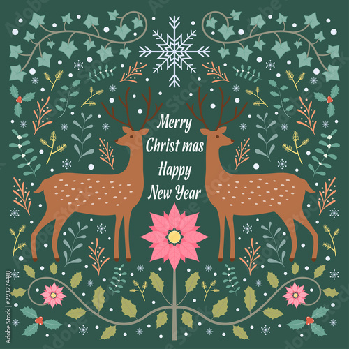 Deers and flora Christmas mas theme pattern vector background