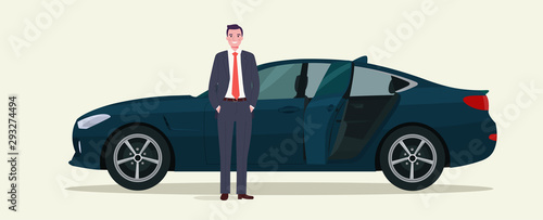 Sedan car with open back door and a waiting man. Vector flat style illustration.