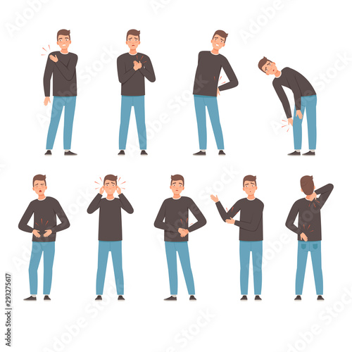 Pain in different places in a man. Vector illustration on a white background.