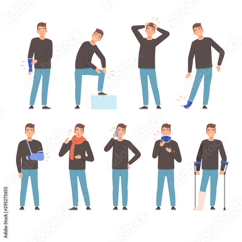 Man with bandages on sore spots. Vector illustration on a white background.