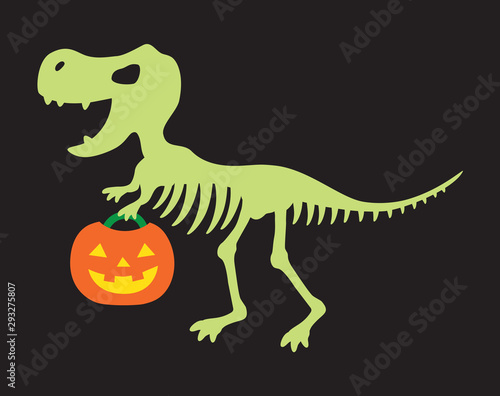 Vector illustration of a dinosaur skeleton holding Halloween Jack O Lantern. Trick or treat dinosaur.