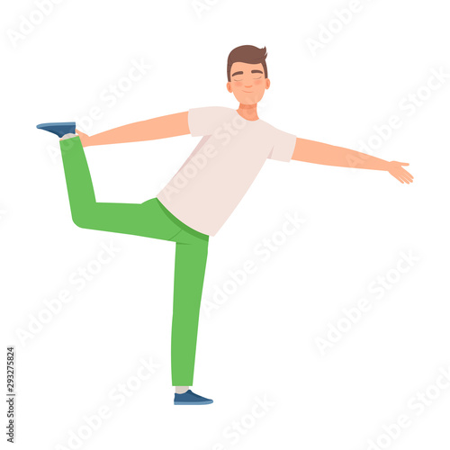 Man stands on one leg and holds the other with his hand. Vector illustration.