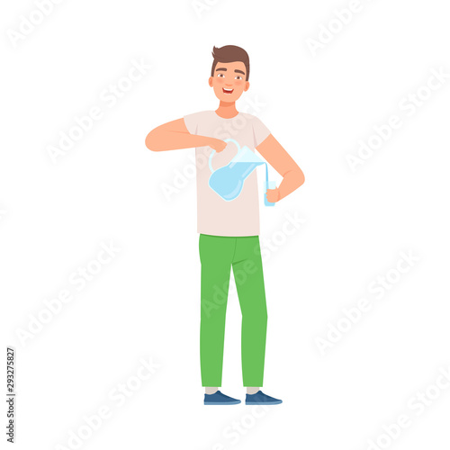 Man pours water into a glass. Vector illustration.