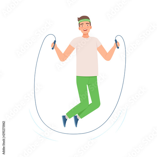 Brunette man is jumping rope. Vector illustration.