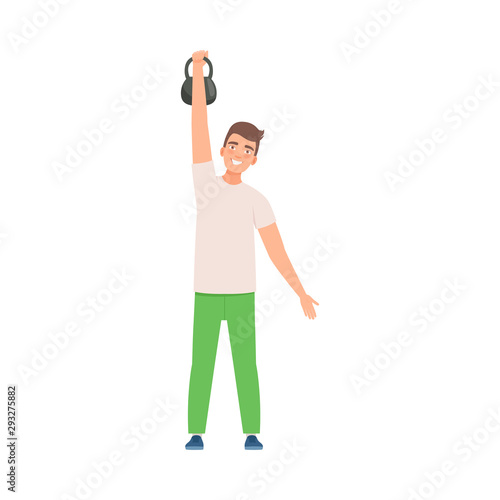фотографія Brunette man lifts a kettlebell. Vector illustration.