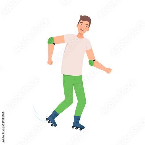 Brunette man on roller skates. Vector illustration.