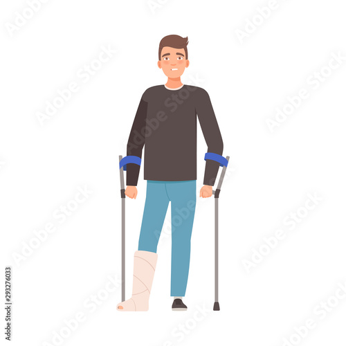 Brunette man with crutches and plaster on his leg. Vector illustration.
