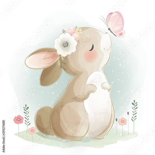 Fototapeta samoprzylepna Słodki króliczek i motyl