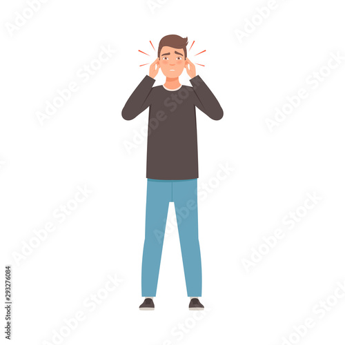 Man holds on to sore ears. Vector illustration.