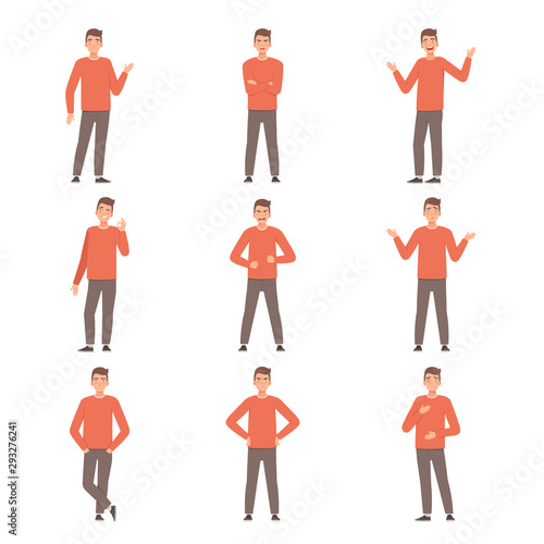 Young guy is standing in different poses. Vector illustration in cartoon style.