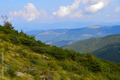 Panoramic view from Hoverla, Carpathian mountains, Ukraine. Horizontal outdoors shot