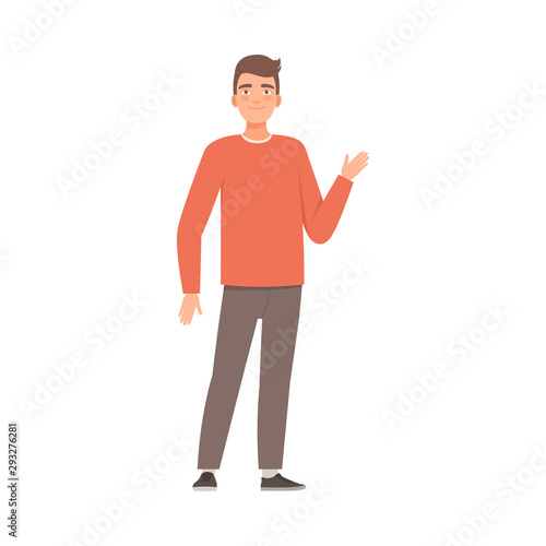 Young guy welcomes. Vector illustration in cartoon style.