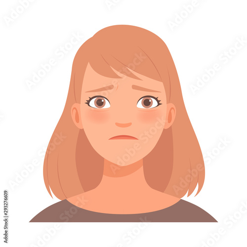Sadness on the face of a young woman. Vector illustration.