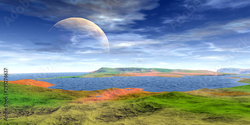 Alien Planet. Mountain and lake. 3D rendering
