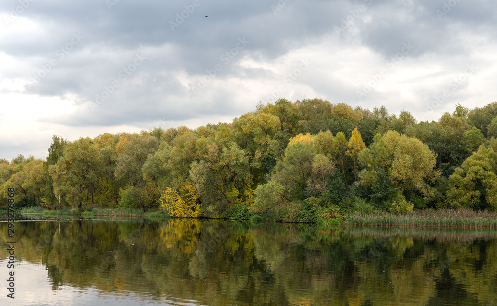 Autumn, river, trees, foliage, clouds.