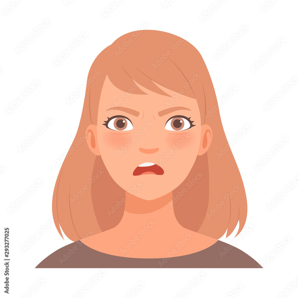 Anger on the face of a young woman. Vector illustration.