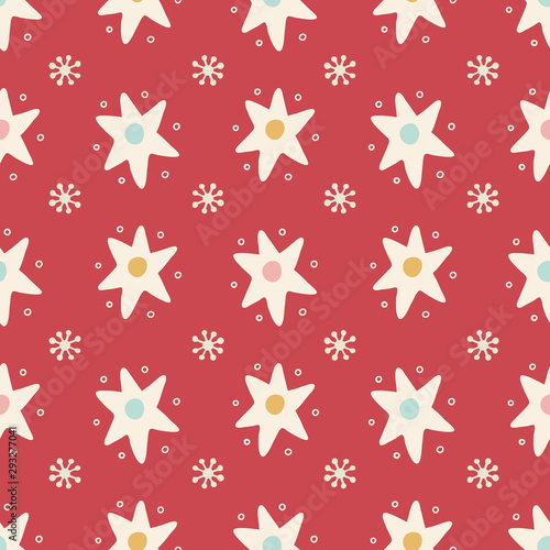 Christmas star and snowflake seamless pattern background. Hand drawn seasonal vector repeat design.