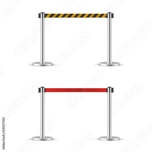 Retractable belt stanchion set. Portable ribbon barrier. Red and striped hazard fencing tape.