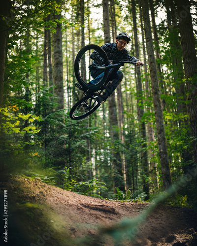 Artistic Mountain Bike Jump Air Framed by Forest Foliage photo