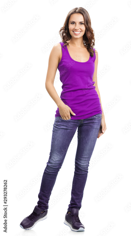Full body of young smiling beautiful brunette woman in casual smart lilac clothing, isolated against white background Full body of young smiling beautiful brunette woman in casual smart lilac clothing, isolated against white background