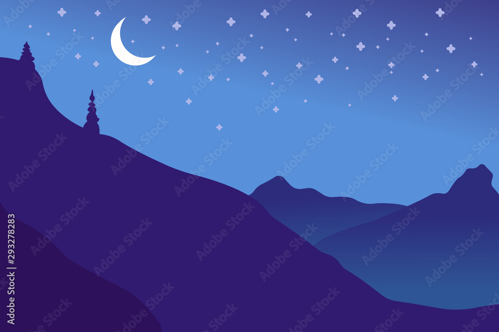 Obraz premium Realistic mountains landscape. Morning wood panorama, pine trees and mountains silhouettes. Vector forest hiking background