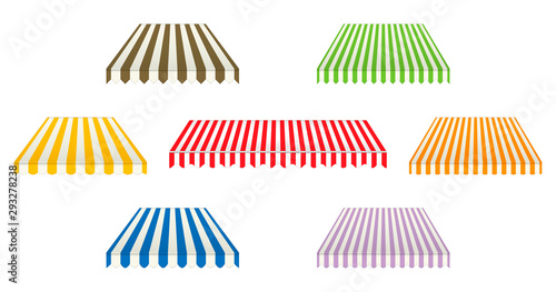 Set of different striped awnings isolated on white background, color vector illustration. Outdoor canopy with various edges. Marketplace tent roof, template for design