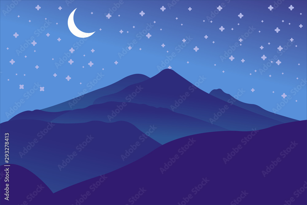 Vector panoramic landscape with silhouettes of trees , moon, cloud, and star