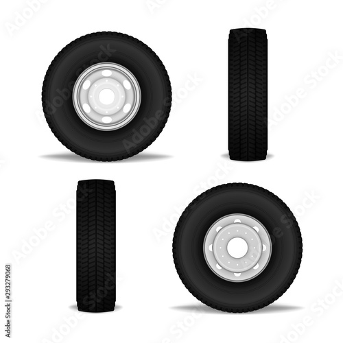 Truck wheel set - side and front view, realistic vector illustration. Truck tires isolated on white background