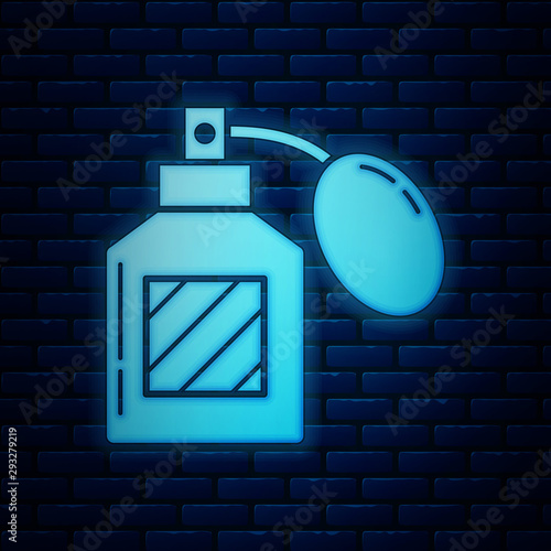 Glowing neon Aftershave icon isolated on brick wall background. Cologne spray icon. Male perfume bottle. Vector Illustration
