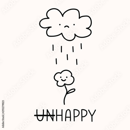 Happy flower and sad cloud. Hand drawn vector funny illustration on white background.