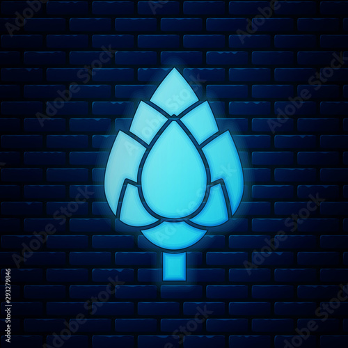 Glowing neon Hop icon isolated on brick wall background. Vector Illustration