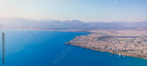 Aerial view of the Mediterranean Sea and the coast of Antalya and the city itself from the sea, Turkey