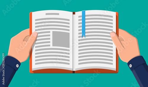 Open book with an upside down page and bookmark in hand. Reading, education, e-book, literature, encyclopedia. Vector illustration in flat style