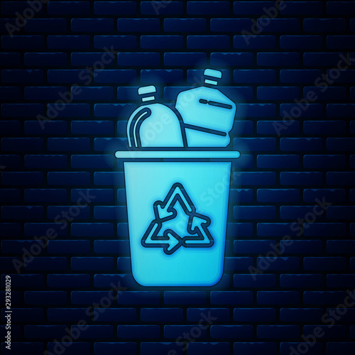Glowing neon Recycle bin with recycle symbol icon isolated on brick wall background. Trash can icon. Garbage bin sign. Recycle basket sign. Vector Illustration