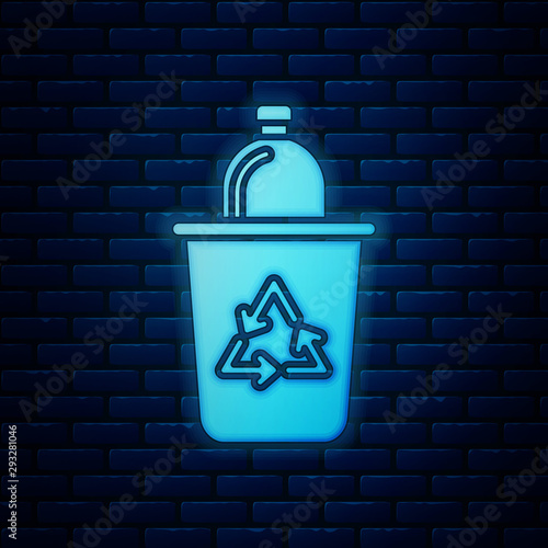 Glowing neon Recycle bin with recycle symbol icon isolated on brick wall background. Trash can icon. Garbage bin sign. Recycle basket sign. Vector Illustration