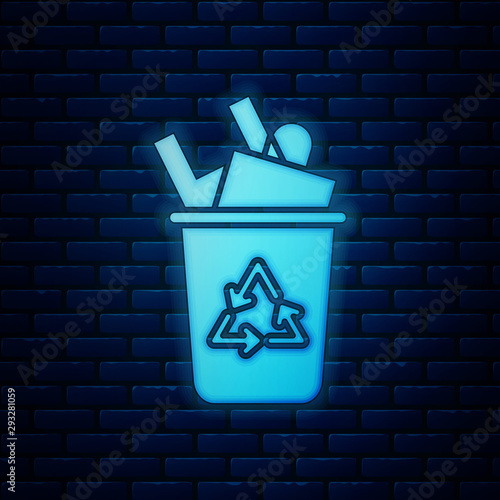 Glowing neon Recycle bin with recycle symbol icon isolated on brick wall background. Trash can icon. Garbage bin sign. Recycle basket sign. Vector Illustration