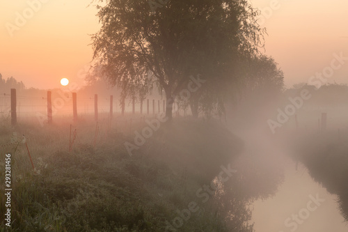 Sunrise by the creek at a foggy morning in Menen, Belgium