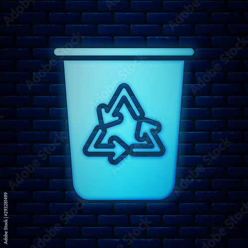 Glowing neon Recycle bin with recycle symbol icon isolated on brick wall background. Trash can icon. Garbage bin sign. Recycle basket sign. Vector Illustration