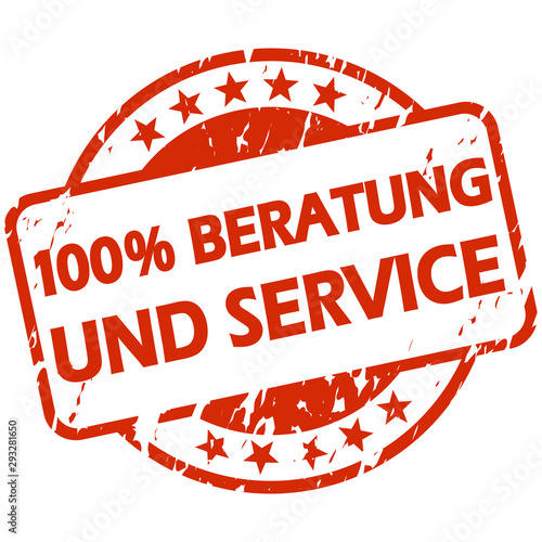 red grunge stamp with Banner 100% advice and service (in german)