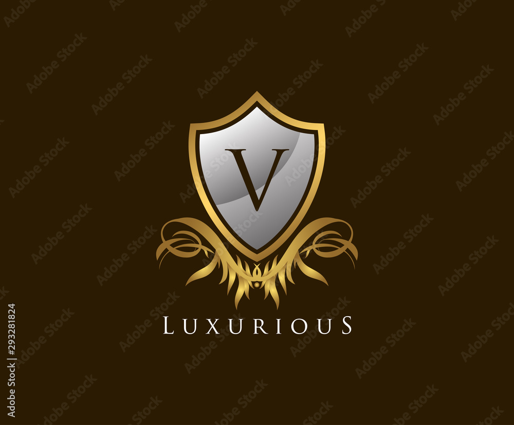 Obraz premium Classy Shield V Letter Logo. Gold Vintage Shield With V Letter prefect for boutique, hotel, restaurant, wedding and other elegant business.