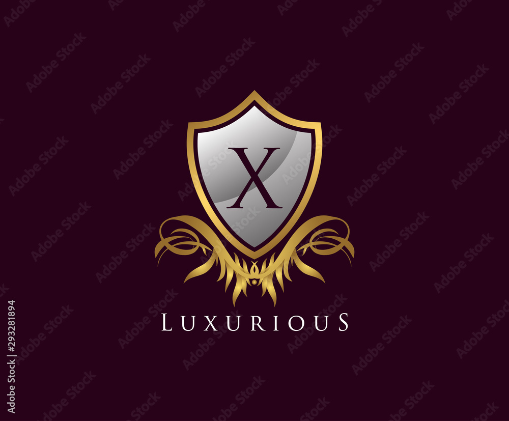 Obraz premium Classy Shield X Letter Logo. Gold Vintage Shield With X Letter prefect for boutique, hotel, restaurant, wedding and other elegant business.