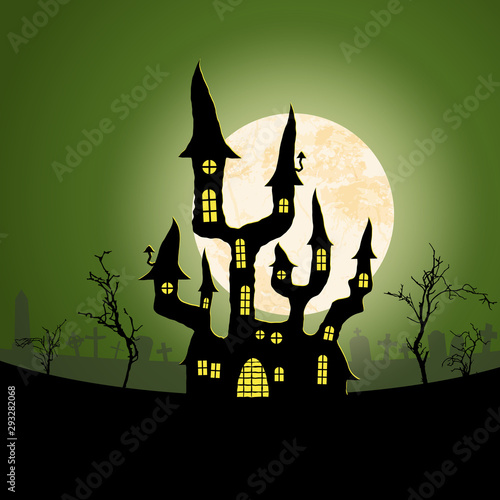 halloween spooky castle in front of full moon